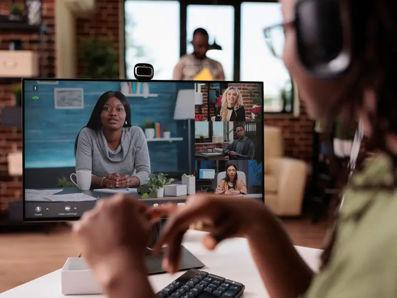 Woman wearing headphones at a desk engaged in a video meeting with four diverse remote colleagues on a large monitor