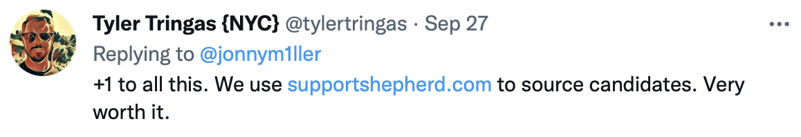 A screenshot of a tweet by Tyler Tringas (@tylertringas) recommending supportshepherd.com, stating: "+1 to all this. We use supportshepherd.com to source candidates. Very worth it." This represents a client testimonial for Somewhere.com's remote staffing services.