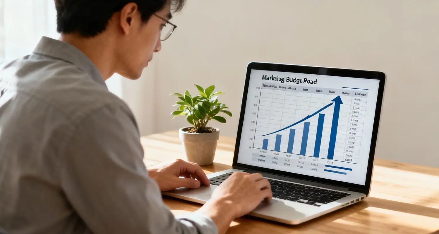 Paid ads manager reviews a marketing budget growth chart on a laptop at a sunny home desk