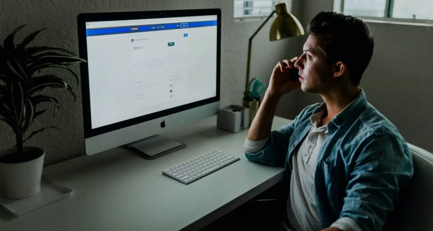 Man on phone looking at a social media platform on an iMac in a dim home office