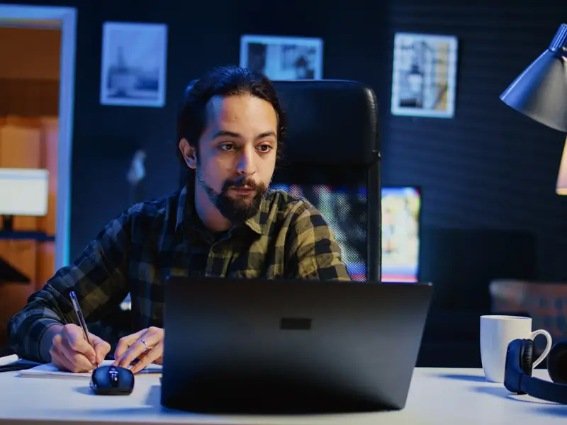 A bearded man in a plaid shirt sits at a home office desk at night, taking notes with a pen while looking at a laptop screen. A desk lamp, coffee mug, and headphones are visible beside him, suggesting focused remote development work.