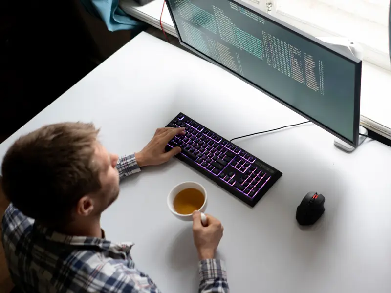 Overhead view of a developer sitting at a white desk, typing on a backlit RGB keyboard while holding a cup of tea. An ultrawide monitor displays terminal output or code, with a gaming mouse nearby, illustrating an offshore web developer's workstation setup.