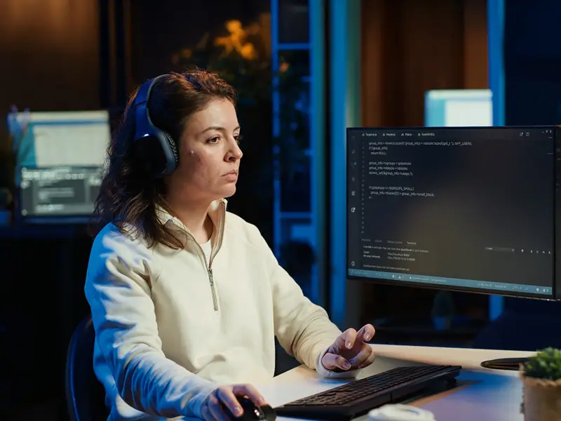 A woman wearing large over-ear headphones focuses intently on a monitor displaying lines of code in a dark-themed IDE. She sits at a desk in a dimly lit room with blue ambient lighting, conveying a developer working late on a software project.
