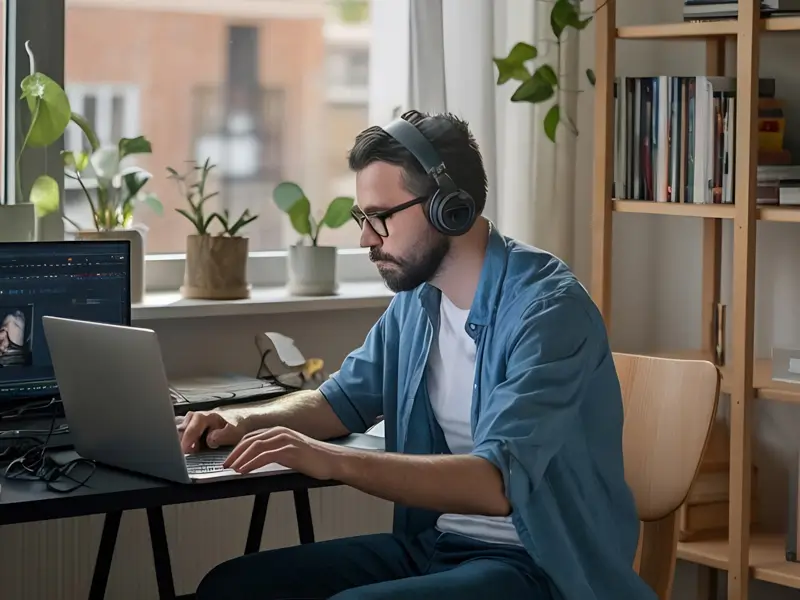 A bearded man wearing glasses and over-ear headphones works focused at a home office desk, typing on a laptop. Plants line the windowsill behind him and a bookshelf is visible to the right, conveying a remote QA professional engaged in testing or review work during the day.