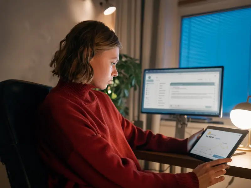 A young woman in a red turtleneck sweater reviews content on a tablet while seated at a home desk in the evening. A desktop monitor displaying a web application or testing interface glows in the background, alongside a small desk lamp, depicting a remote QA tester evaluating software across devices.