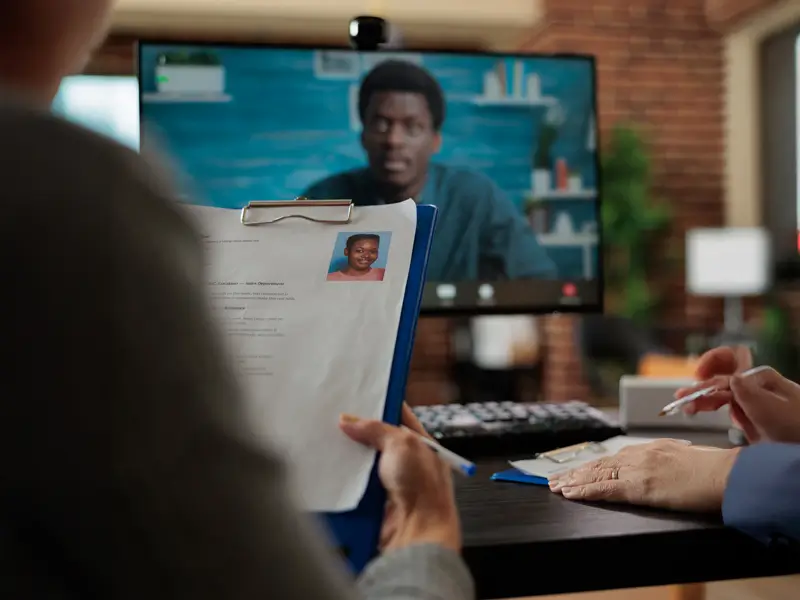 HR professional reviewing candidate resume during video interview showcasing Somewhere's world-class sales recruitment process