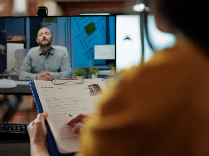 Manager reviewing candidate profiles during virtual interview showcasing integrated talent acquisition process
