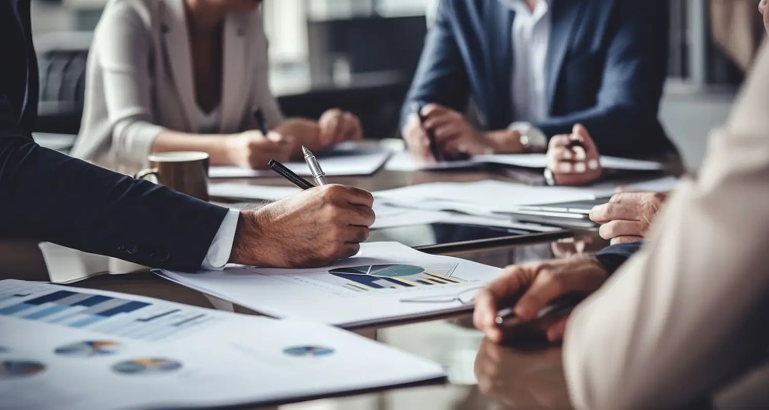 Business professionals at a conference table reviewing printed chart documents and a tablet during a strategic planning meeting