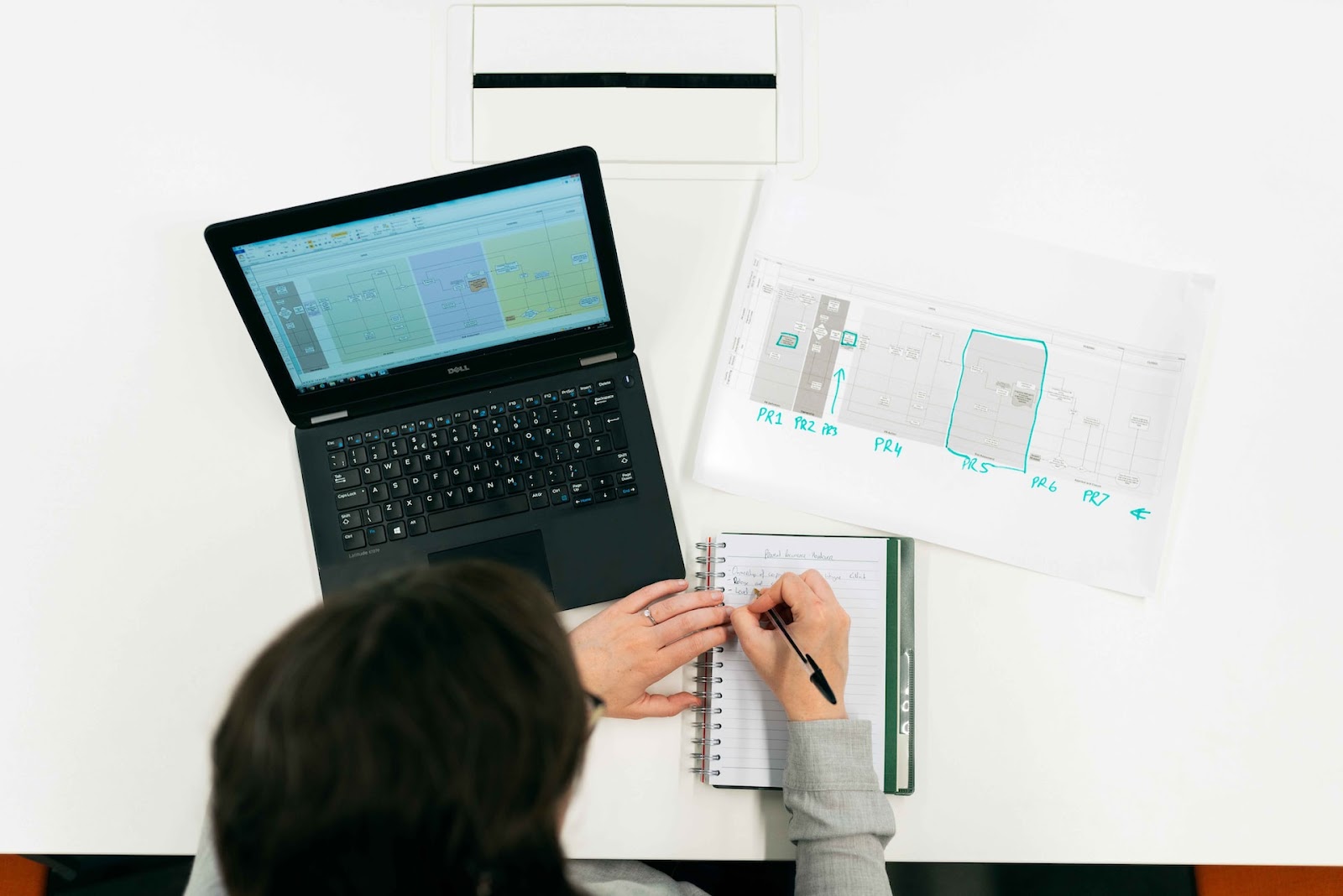 Overhead view of a person working at a desk with a Dell laptop displaying a spreadsheet application, alongside printed layout diagrams marked with PR1 through PR7 labels, and a spiral notebook with handwritten notes. This illustrates data organization and planning work.