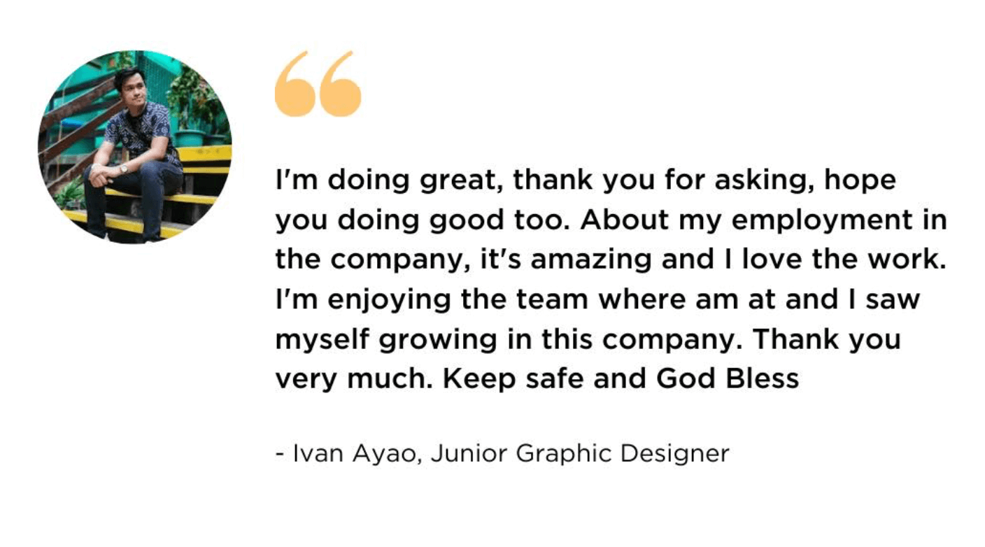 Testimonial from Ivan Ayao, Junior Graphic Designer, expressing enthusiasm for his new remote role and team