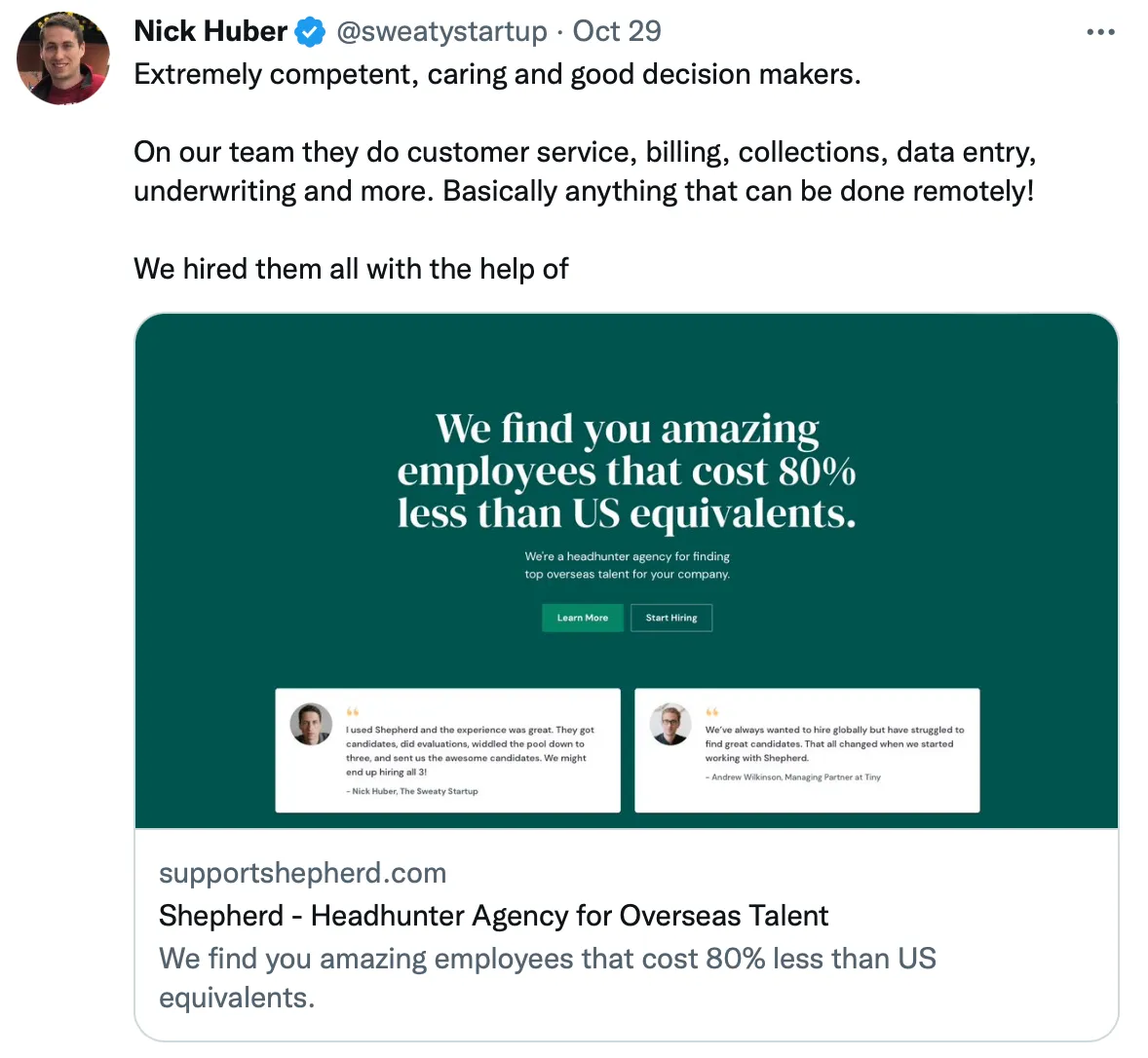 A screenshot of Nick Huber's tweet featuring Somewhere