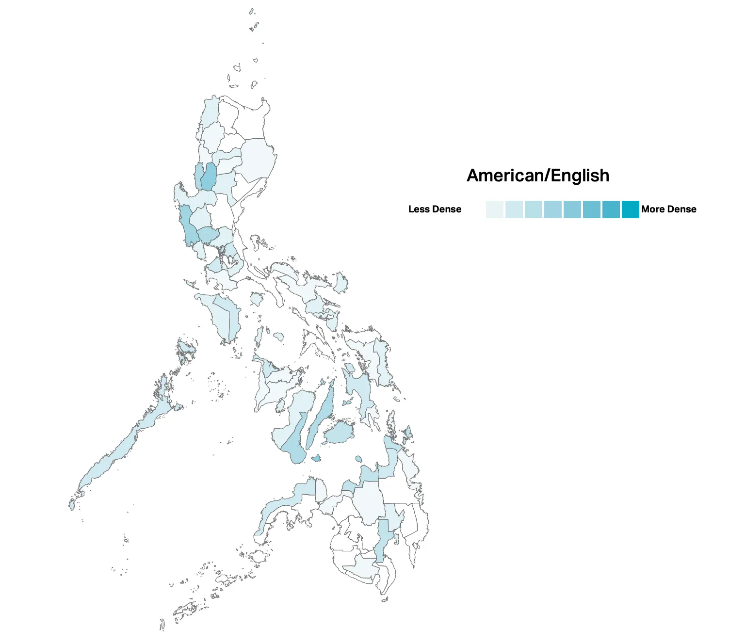 A map of the Philippines showing the places where English is heavily spoken