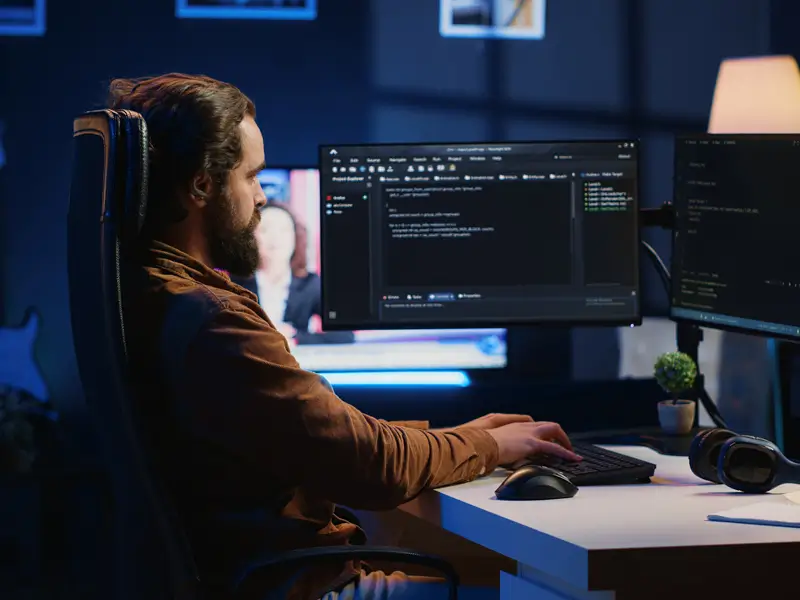 A bearded male developer with long hair sits in a dark home office in front of two large monitors displaying a code editor with a project file tree and colorful syntax-highlighted code, working late with ambient blue lighting and headphones resting on the desk.