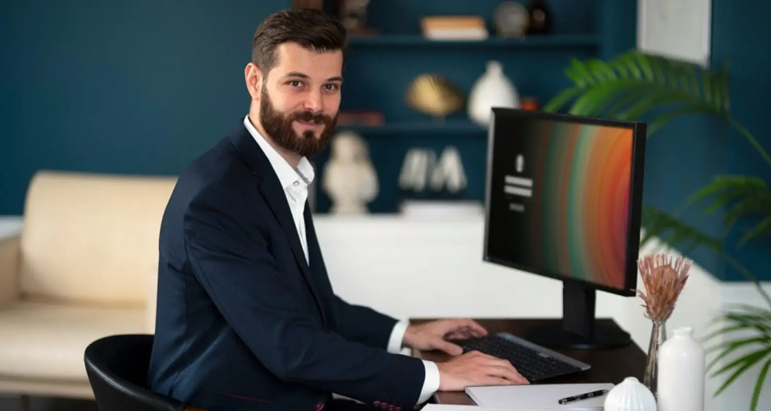 Smiling bearded man in a dark suit seated at a desk with a monitor in a teal-walled office