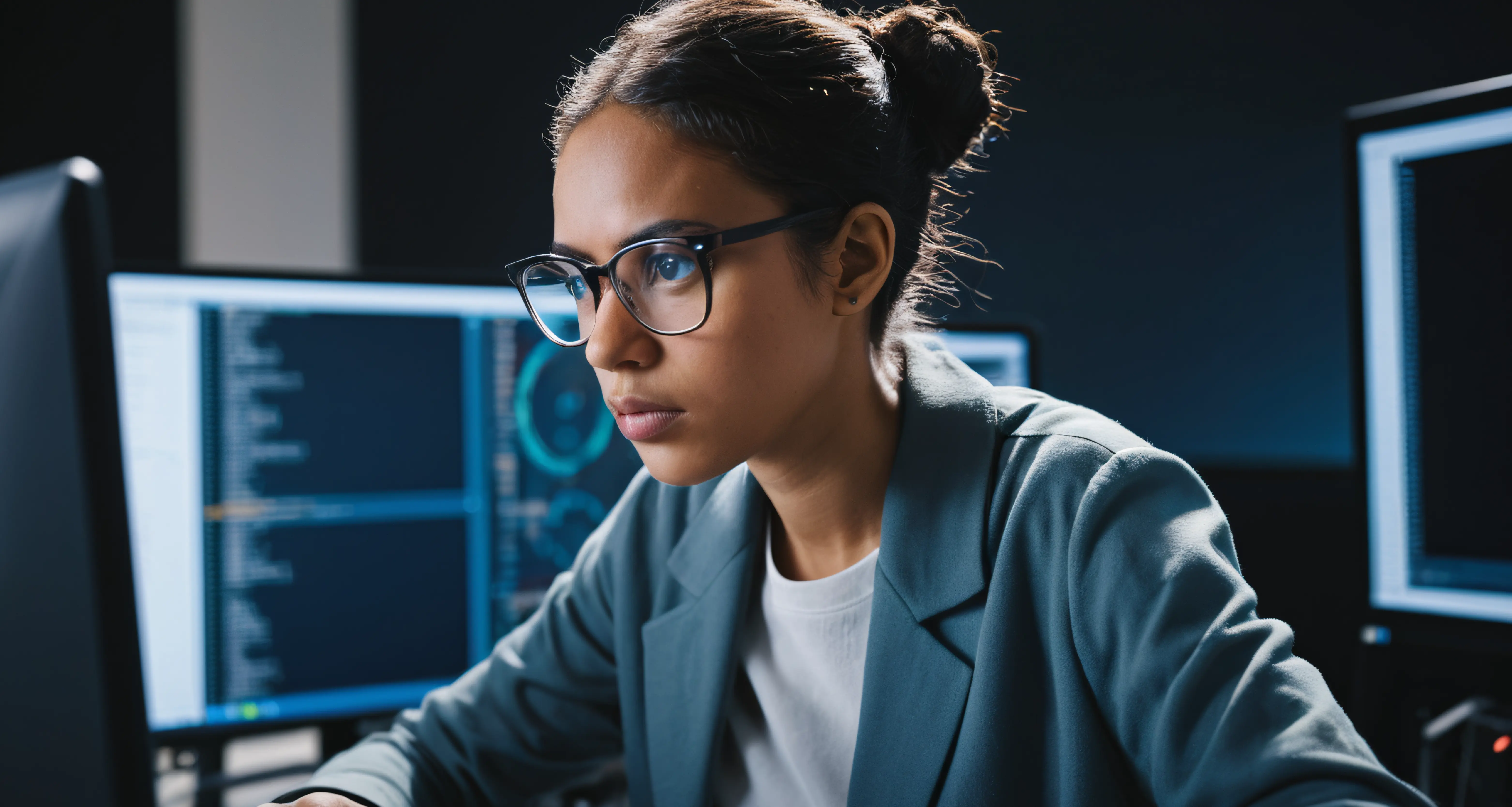 Female tech professional in a blazer concentrating on multiple screens displaying code and data visualizations in a dark environment