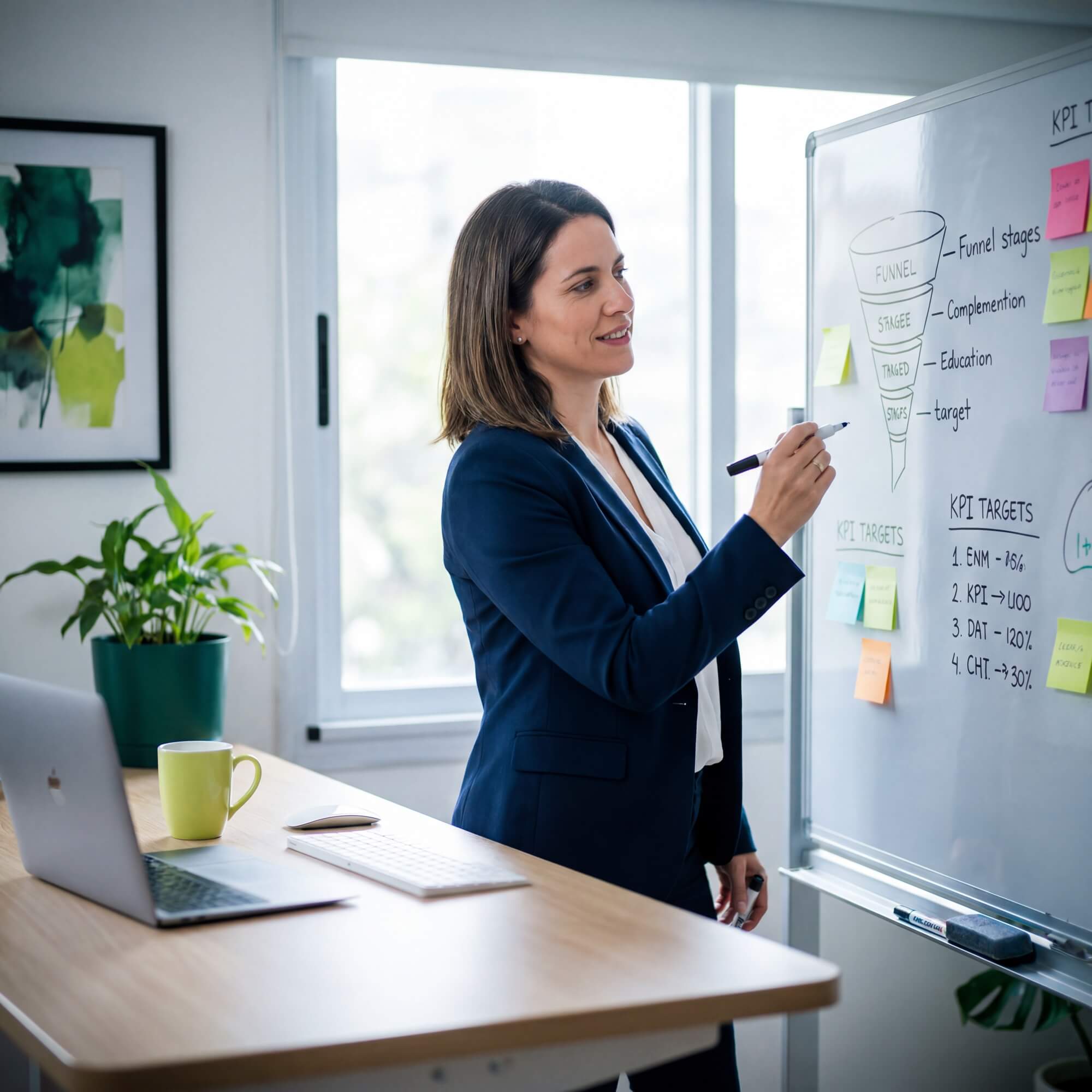 Female sales manager in navy blazer drawing sales funnel and KPI targets on a whiteboard in bright office.