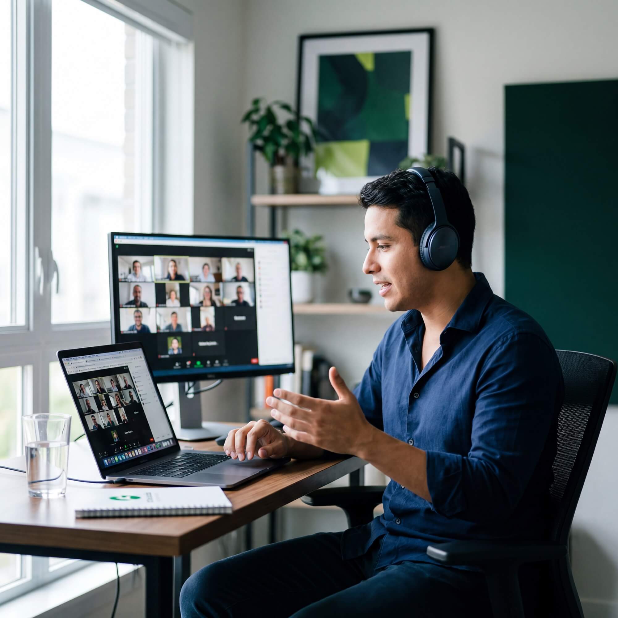 Man with headphones gestures expressively while speaking during a video call showing multiple participants on dual screens