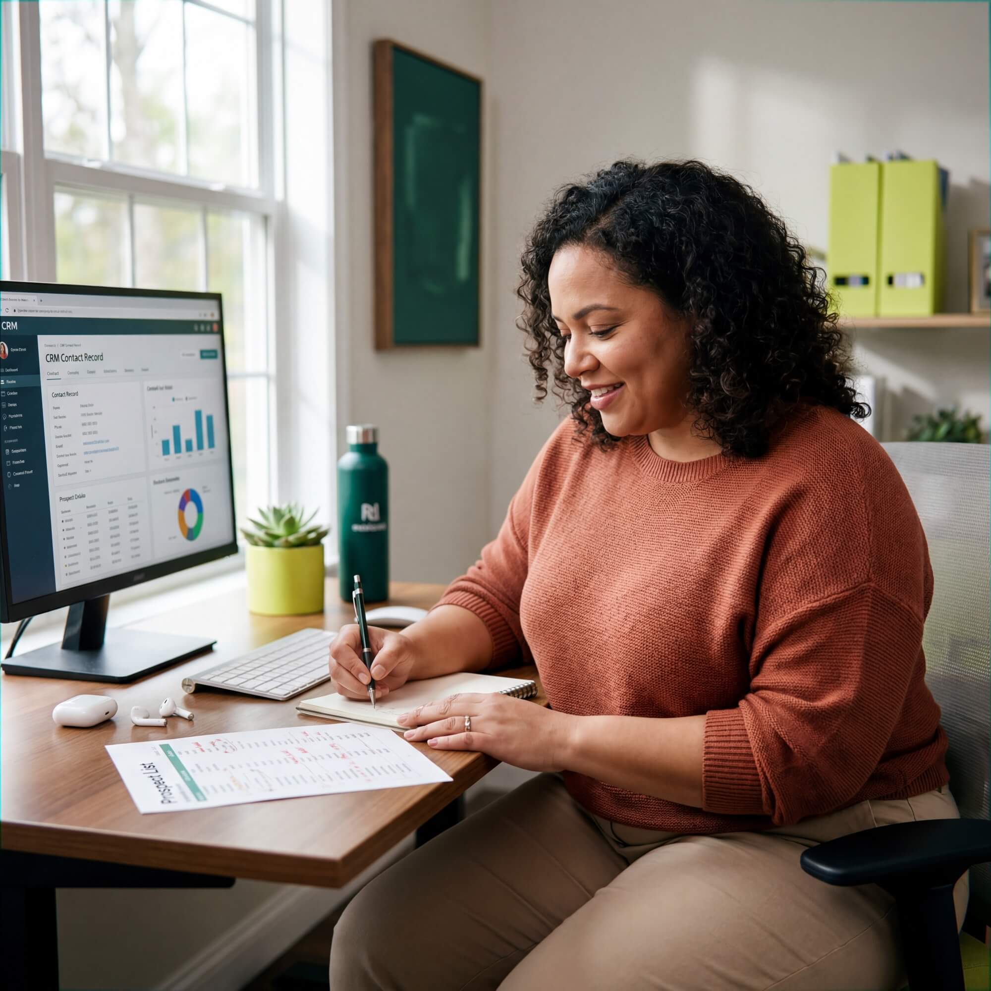 Woman with curly hair smiles while writing notes beside a monitor displaying a CRM contact record with charts