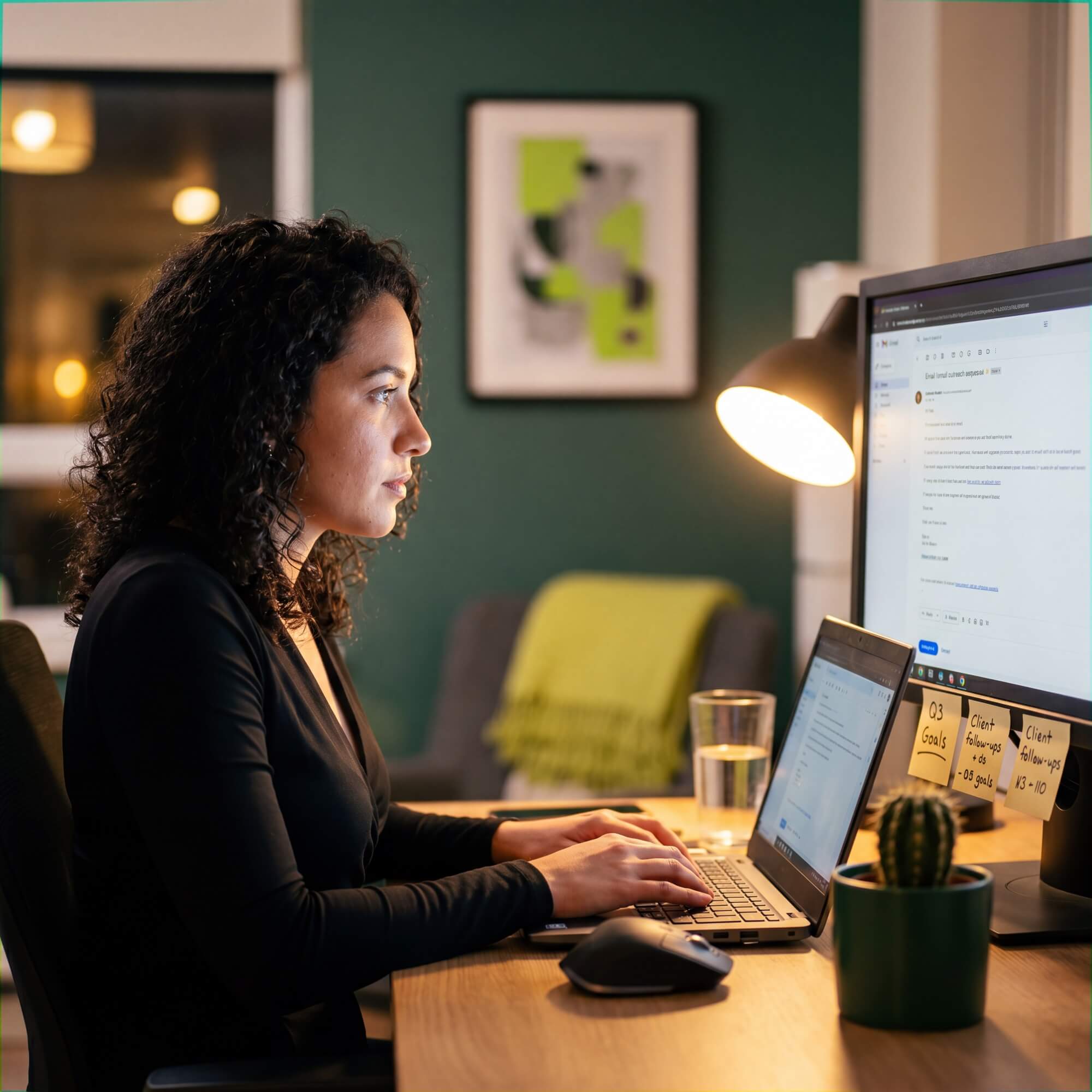 Woman with curly hair types on a laptop at an evening desk with sticky notes reading client follow-ups and Q3 goals