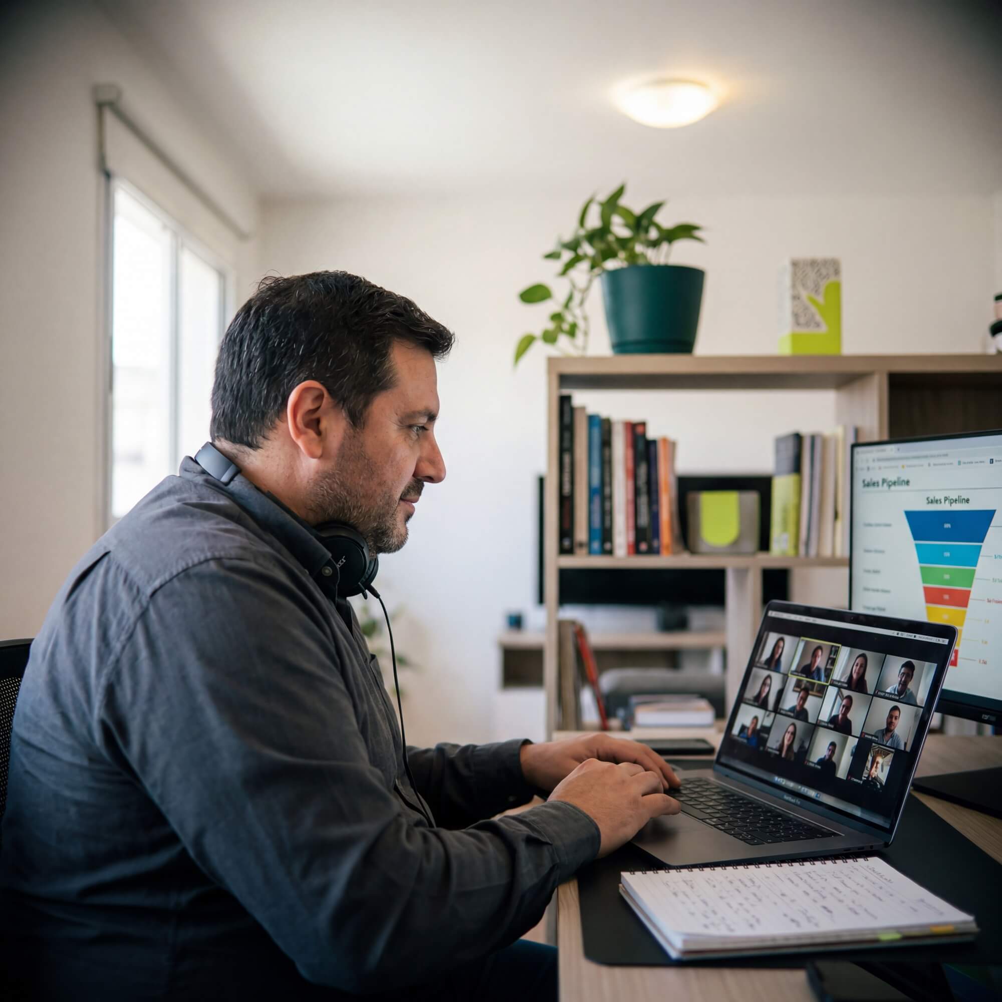 Sales manager with headphones conducting video team call with sales pipeline chart visible on monitor.