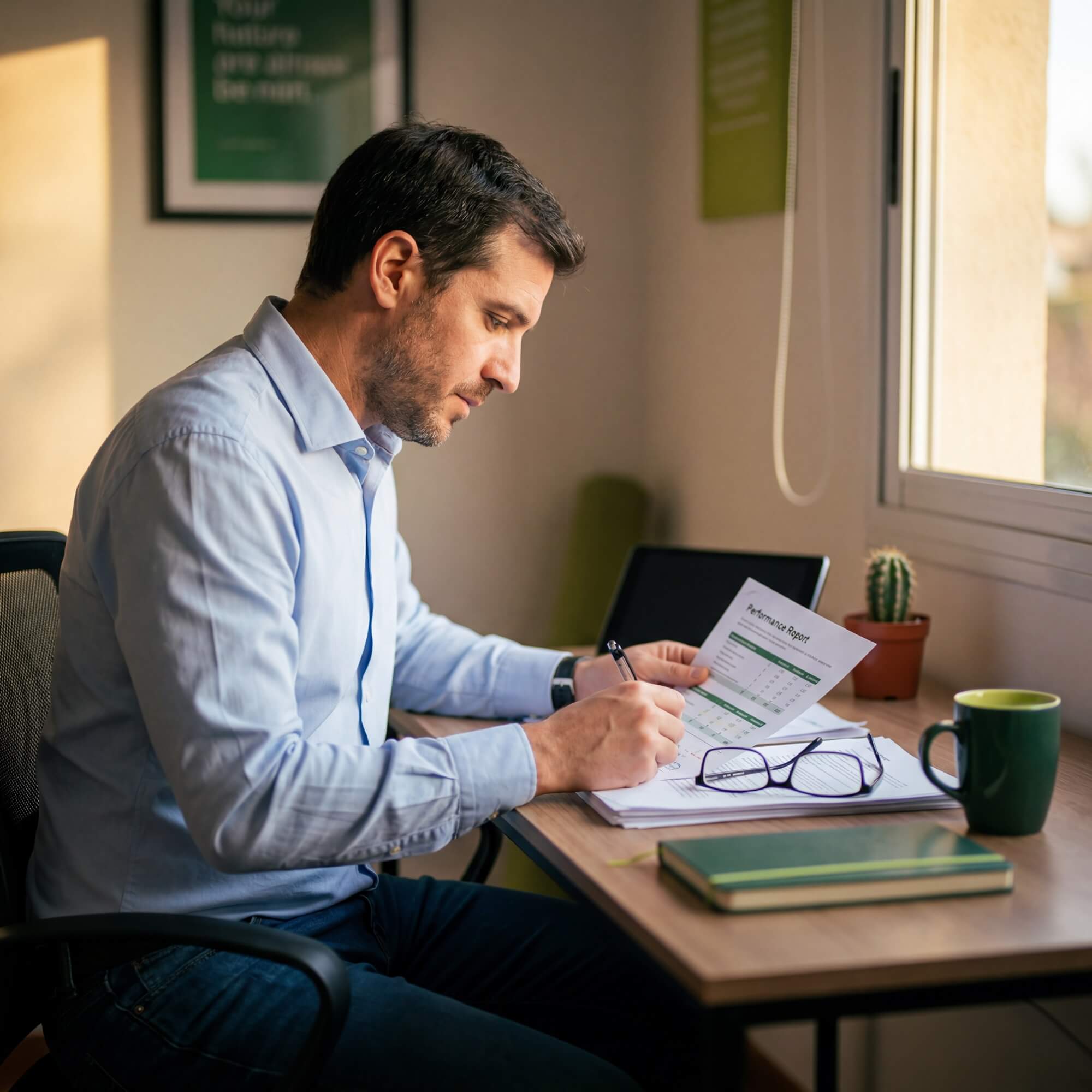 Man in light blue shirt reviewing sales performance report at sunny window desk with notebook and coffee.