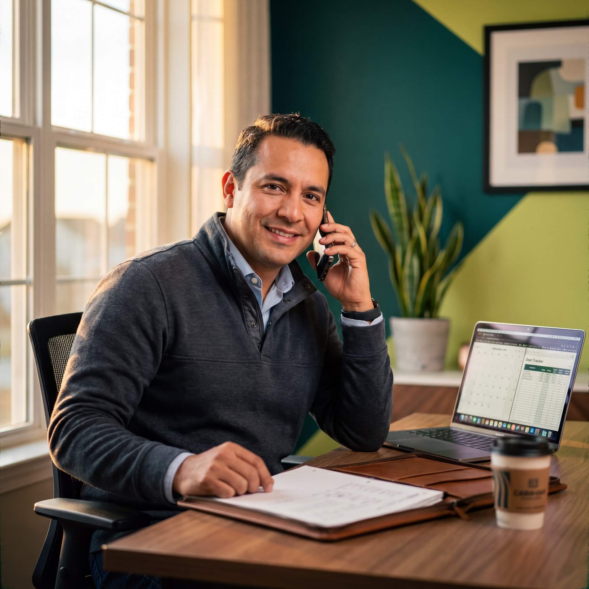 Smiling man talks on a phone at a desk with a laptop showing a deal tracker spreadsheet and a coffee cup nearby