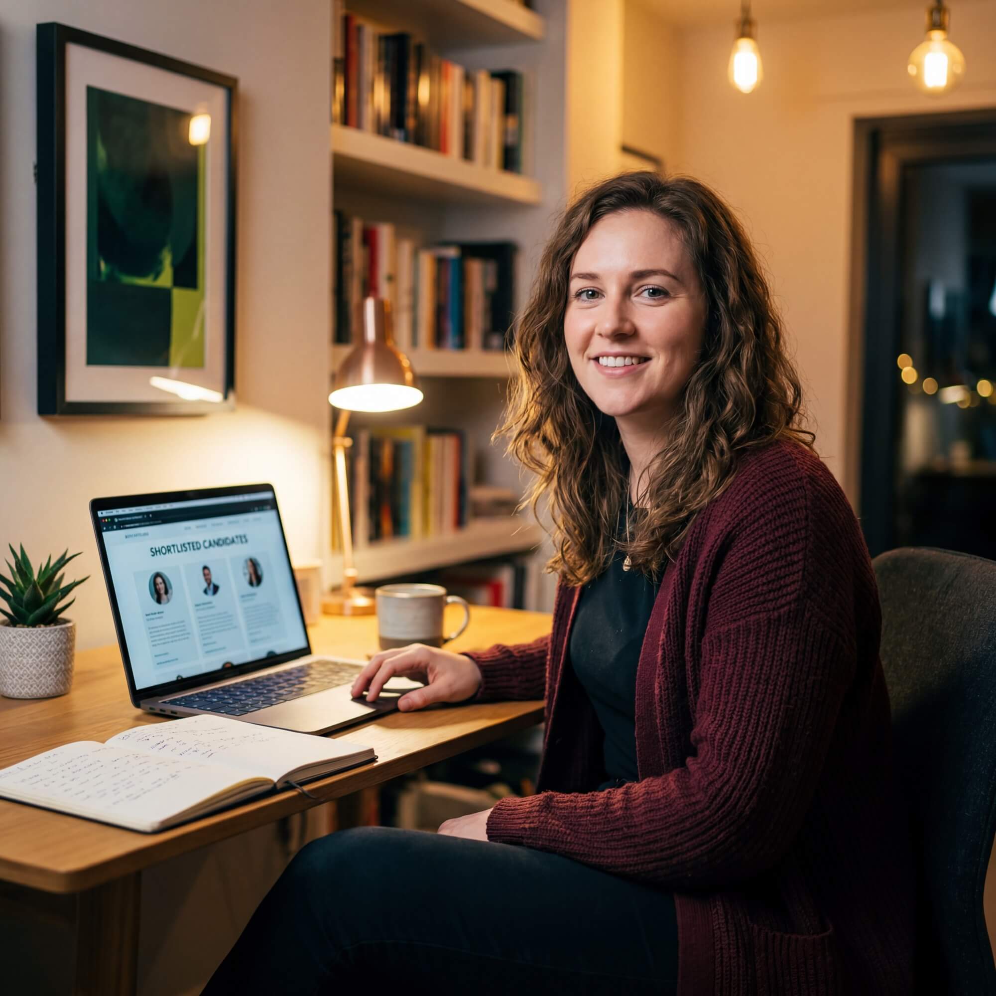 Smiling woman reviewing shortlisted candidates on laptop screen in a warmly lit home library office.