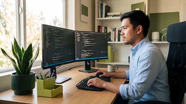 Offshore software developer working at a dual-monitor desk setup in a modern home office showcasing how to hire offshore developers