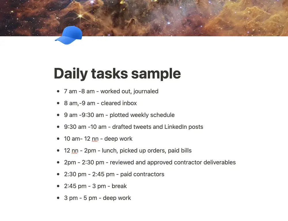 A screenshot of a Notion page titled Daily Tasks Sample