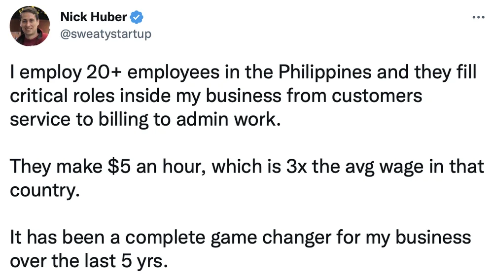 A Twitter screenshot from Nick Huber, a real estate businessman: "I employ 20+ employees in the Philippines and they fill critical roles inside my business from customer service to billing to admin work. They make $5 an hour, which is 3x the avg wage in theat country. It has been a complete game changer for my business over the last 5 years" 