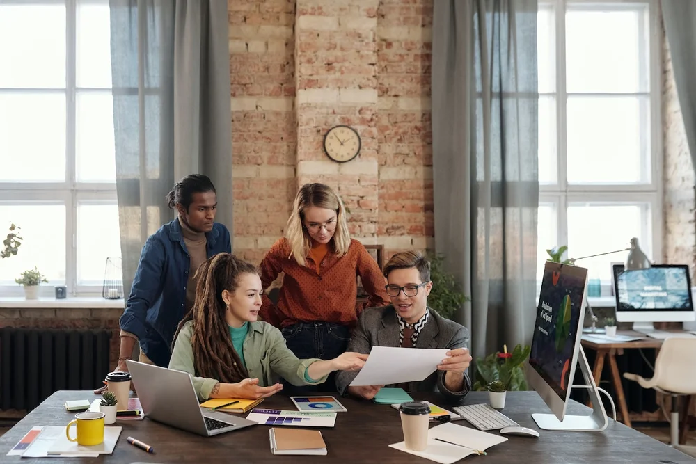 A marketing team brainstorming together