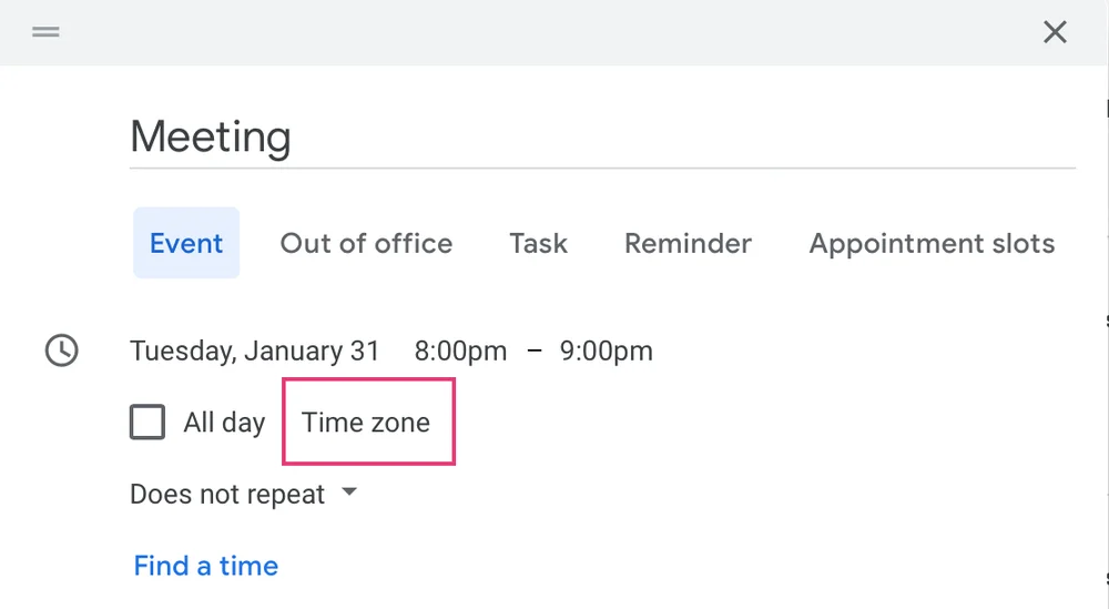 To change your time zone setting on Google Calendar, simply click on the Time Zone button