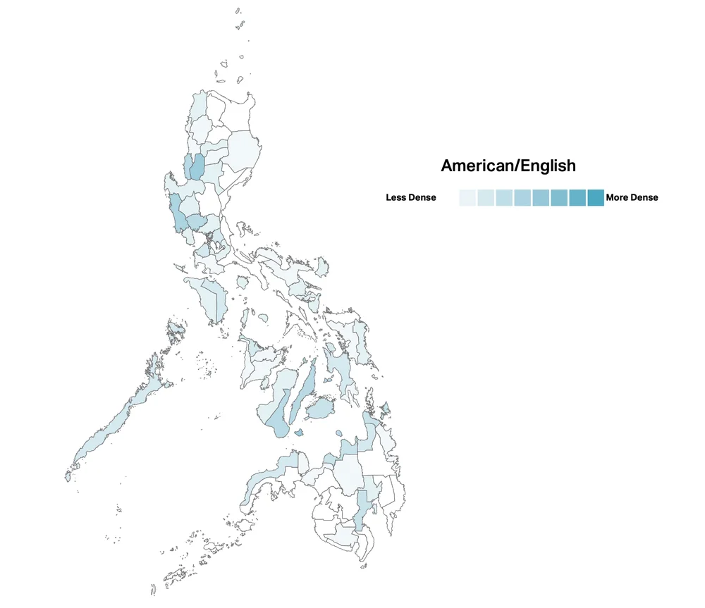 A map of the Philippines showing the places where English is heavily spoken