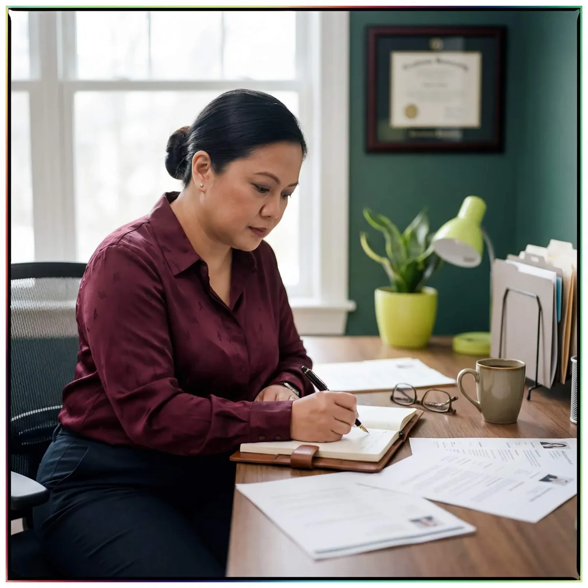 Woman in burgundy shirt writing notes at desk with resume papers and framed certificate