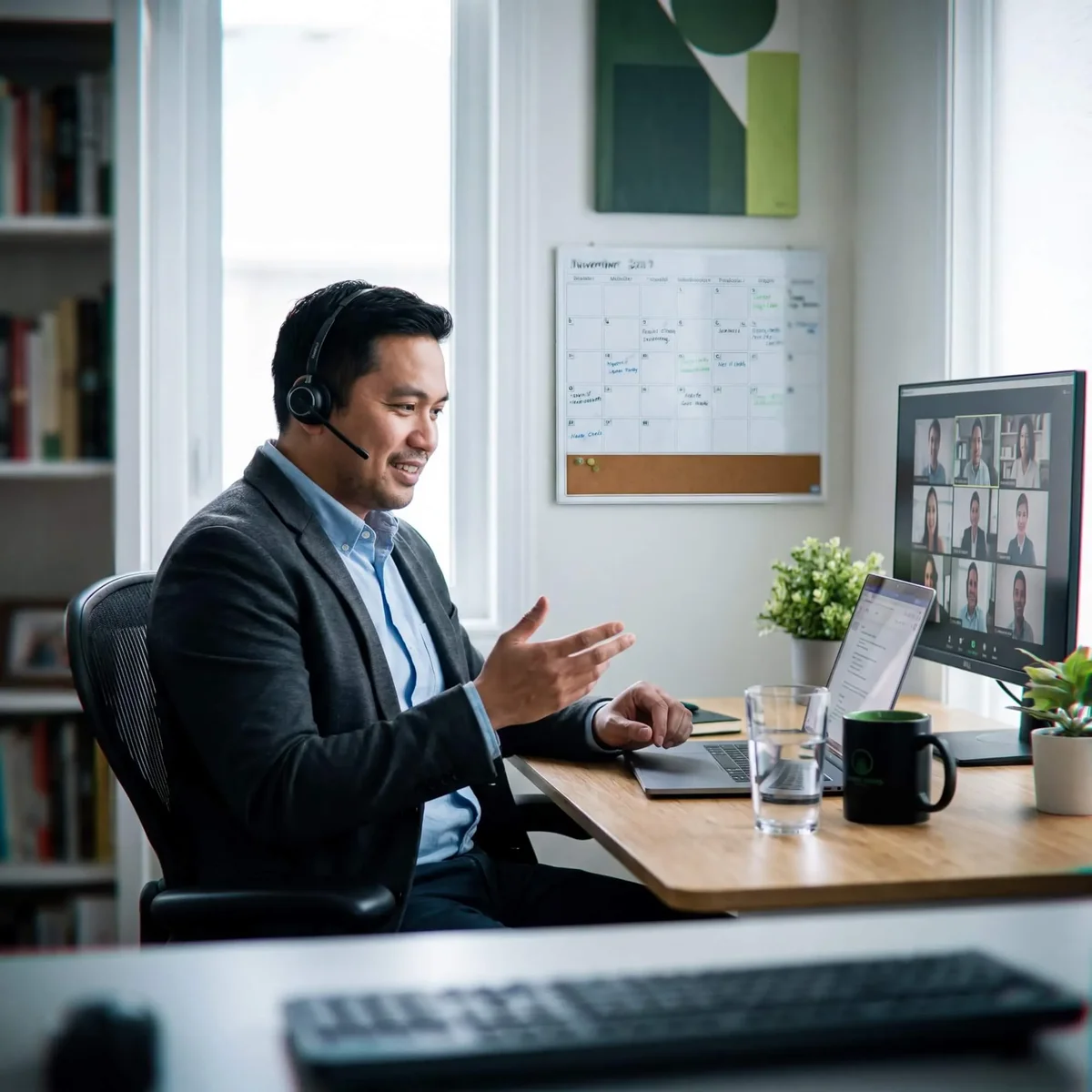 Man with headset on video call with diverse team grid on monitor, calendar on wall