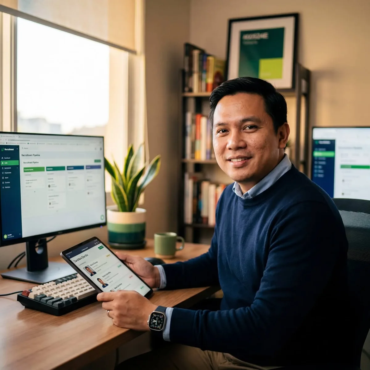 Man holding tablet with candidate profiles beside recruitment pipeline dashboard on monitor