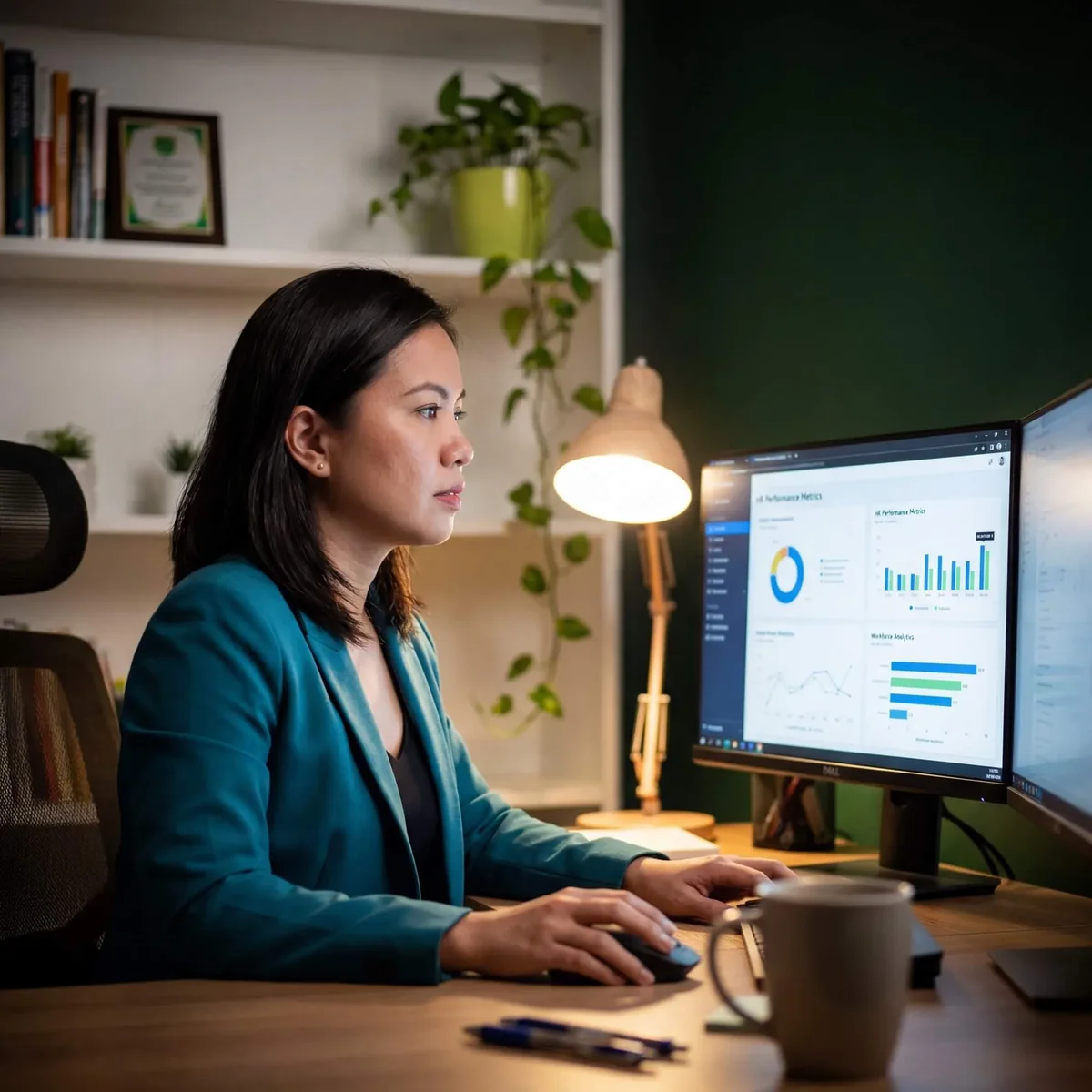 Woman in teal blazer reviewing HR performance metrics dashboard on large monitor at night