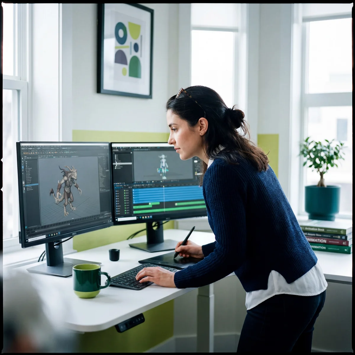 Woman leaning over a standing desk using a stylus pen while animating a 3D creature on dual monitors