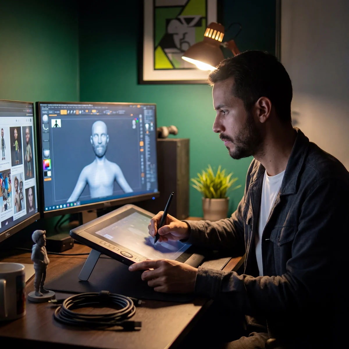 Man working at a dimly lit desk using a drawing tablet while sculpting a 3D human figure on screen