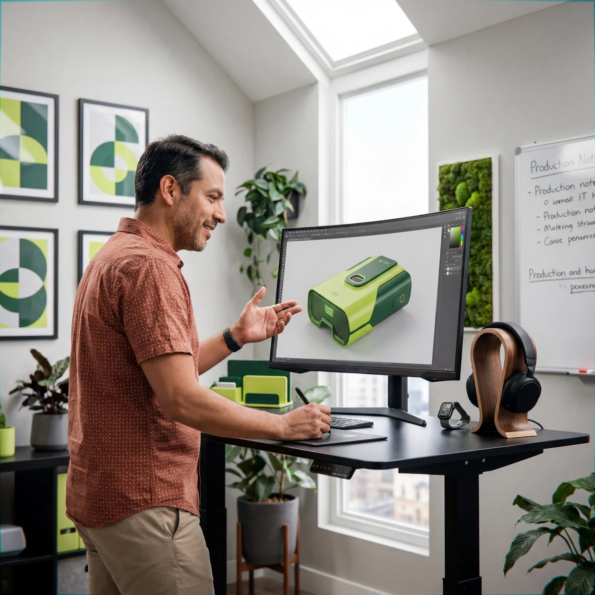 Man standing at a sit-stand desk gesturing toward a monitor showing a green 3D product model
