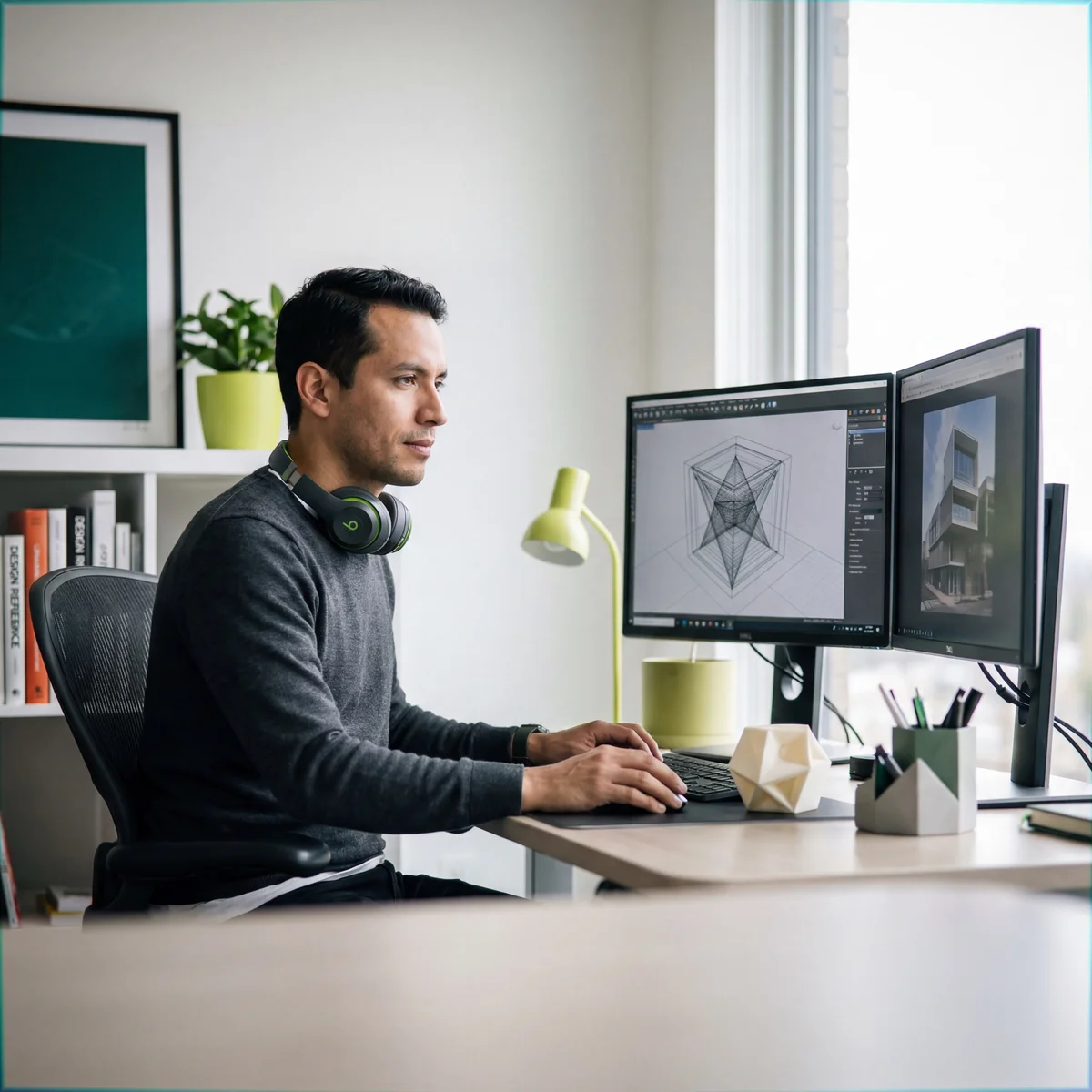 Man with headphones at a dual-monitor desk viewing a geometric wireframe object and a 3D architectural rendering