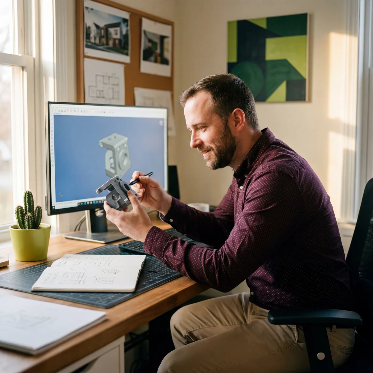 Man holding a 3D printed mechanical part while examining its matching CAD model on a desktop monitor