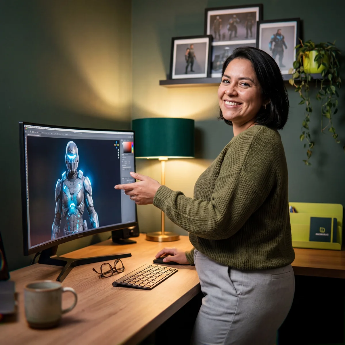 Smiling woman pointing at a monitor displaying a glowing armored 3D character with sci-fi character prints on wall shelf