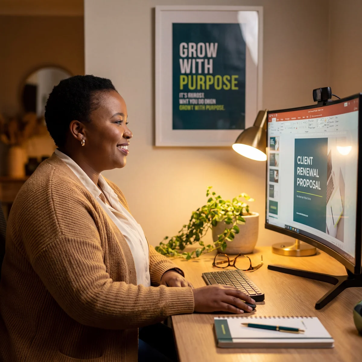 Smiling woman at a warmly lit desk working on a client renewal proposal presentation on a curved monitor