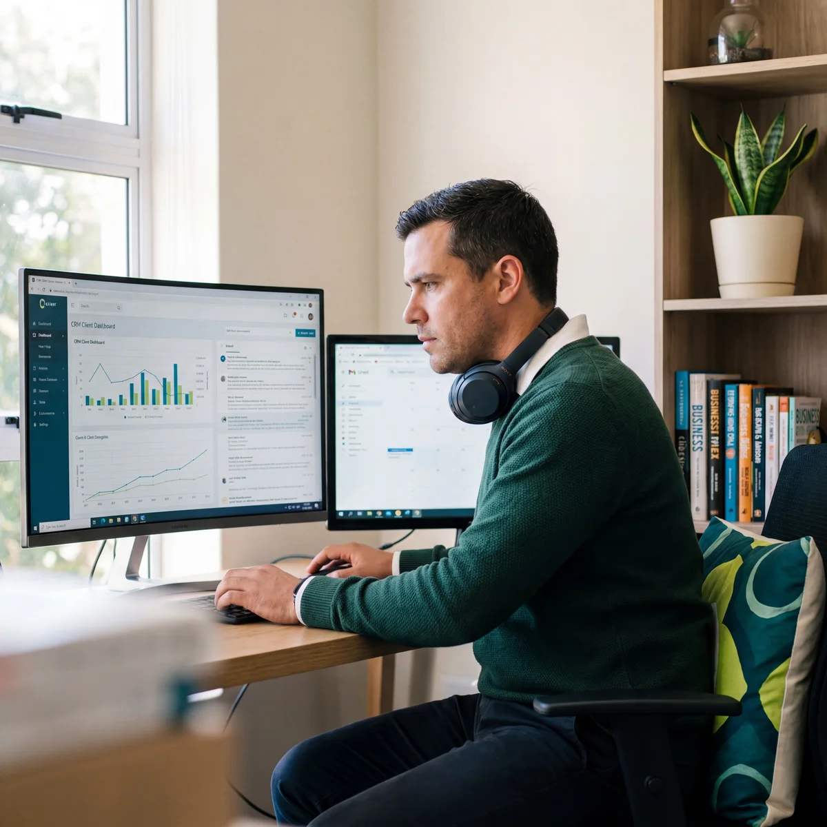 Man with headphones focused on a dual-monitor setup showing a CRM client dashboard with charts and email inbox