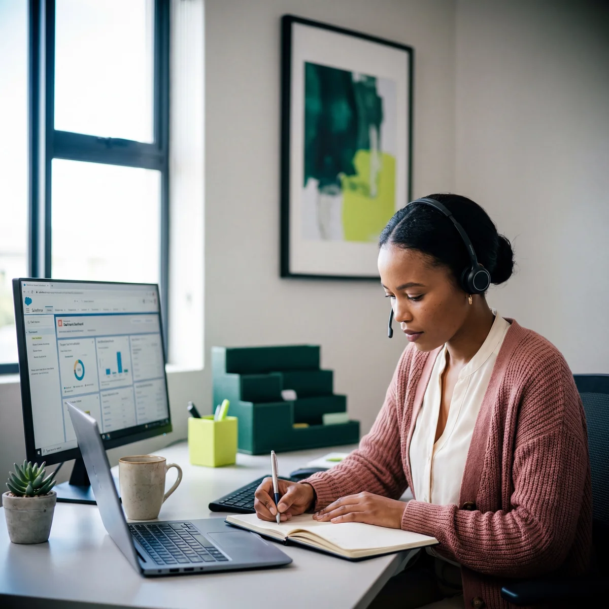 Woman with a headset writing notes at a desk with a Salesforce dashboard open on her monitor