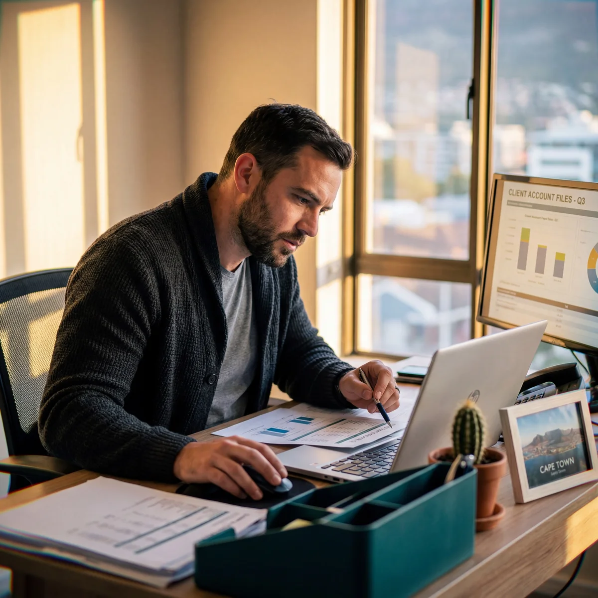 Man reviewing client account files and quarterly reports at a sunlit desk with a laptop and printed documents