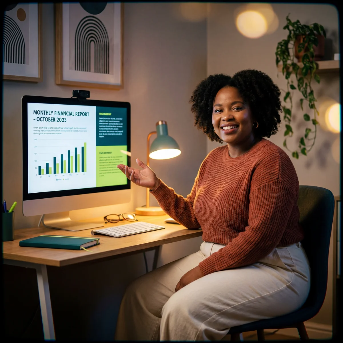 Smiling woman gesturing toward a monitor displaying a monthly financial report with bar charts in a cozy home office