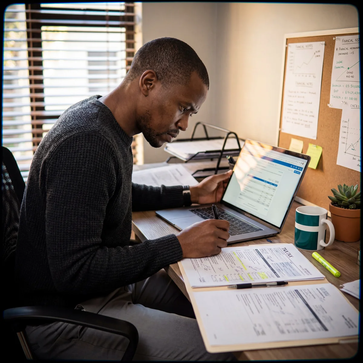 Man closely reviewing highlighted tax documents at a cluttered desk with a laptop open to accounting software