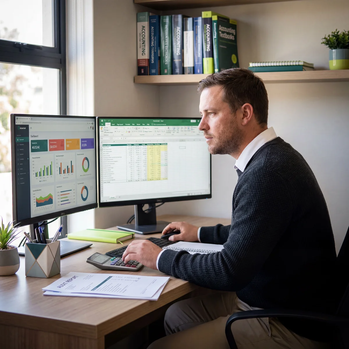 Man at a dual-monitor desk with accounting software dashboard and Excel financial spreadsheet, accounting textbooks on shelf above